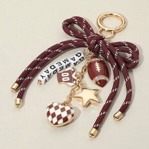 Football Theme CRIMSON BURGUNDY GAMEDAY Bag Charm Beaded Bow Accent Keychain